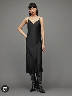 AllSaints Tierny Satin Slip Dress Black Medium